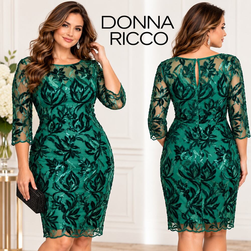 Donna Ricco Size 10 Emerald Green Embroidered Sequin Cocktail Dress